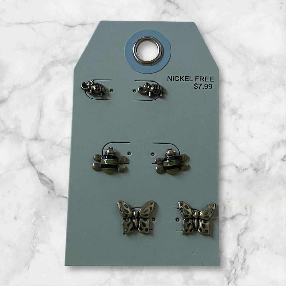 Nickel-Free Animal Stud Earring Set - Turtle, Bumblebee, Butterfly